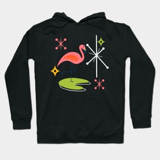 Mid-Century Modern Pink Flamingo with Retro Icons Repeating Pattern Hoodie